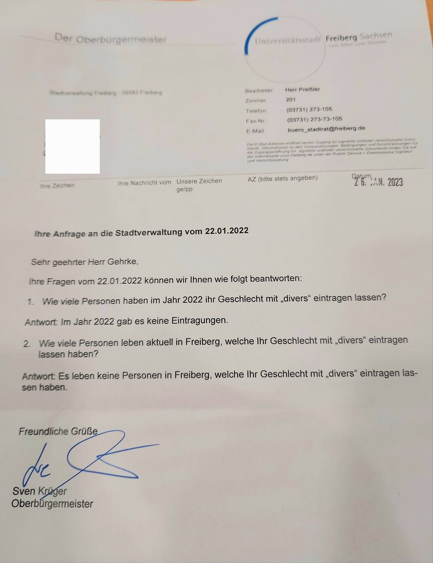 Antwort Stadtveraltung Geschlecht "Divers"